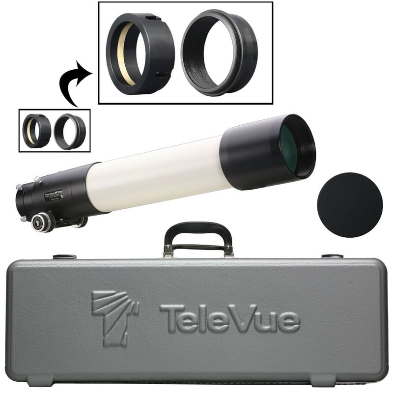 TeleVue Apochromatische refractor AP 101/540 NP-101is Imaging System OTA witte optische buis met zwarte dauwkap en focuser, afgebeeld met transportkoffer, afdekdop en detail van adapterringen