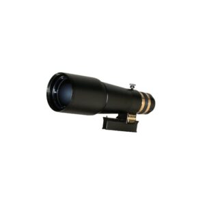 TeleVue Apochromatische refractor AP 60/360 TV60 OTA compacte APO refractorbuis in zwarte uitvoering met goudkleurige ringen en montagevoet op witte achtergrond