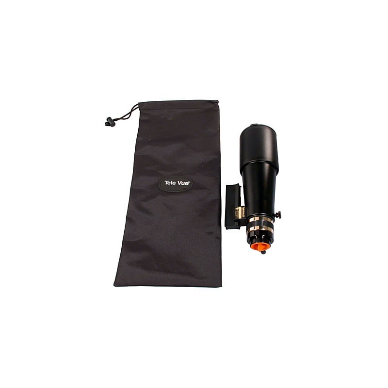 TeleVue Apochromatische refractor AP 60/360 TV60 OTA refractorbuis naast de meegeleverde zwarte beschermzak met TeleVue-logo op witte achtergrond