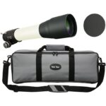 TeleVue Apochromatische refractor AP 85/600 TV-85 OTA witte APO refractorbuis met zwarte dauwkap, afdekdop en gevoerde transporttas met schouderriem op witte achtergrond