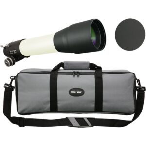 TeleVue Apochromatische refractor AP 85/600 TV-85 OTA witte APO refractorbuis met zwarte dauwkap, afdekdop en gevoerde transporttas met schouderriem op witte achtergrond