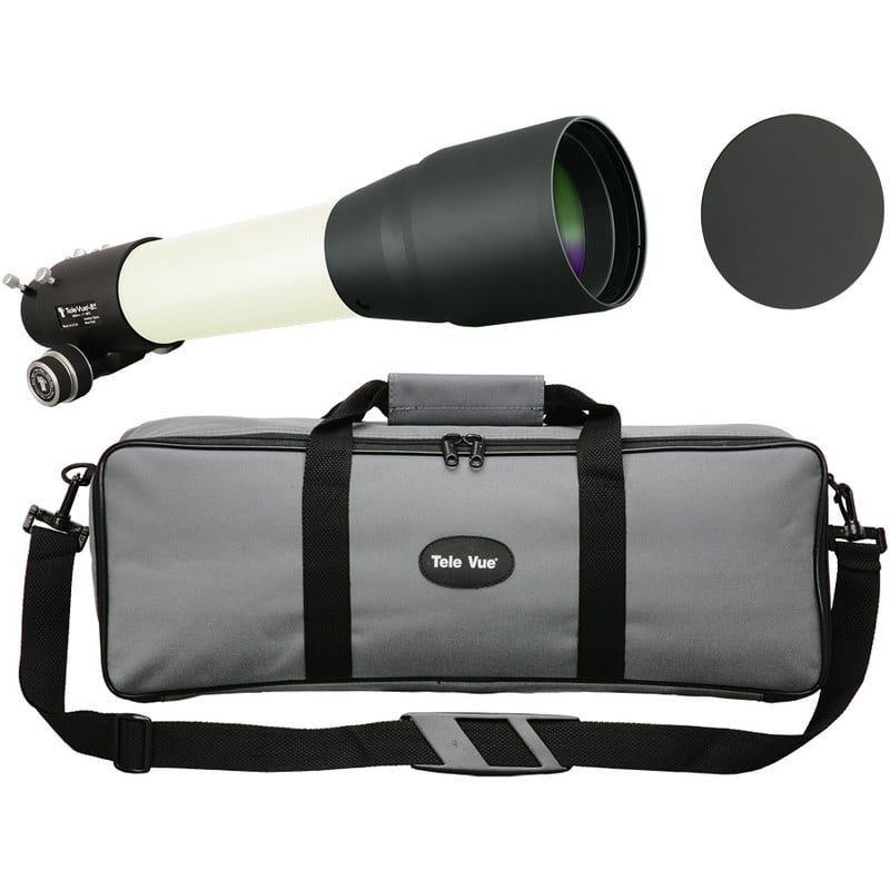 TeleVue Apochromatische refractor AP 85/600 TV-85 OTA witte APO refractorbuis met zwarte dauwkap, afdekdop en gevoerde transporttas met schouderriem op witte achtergrond