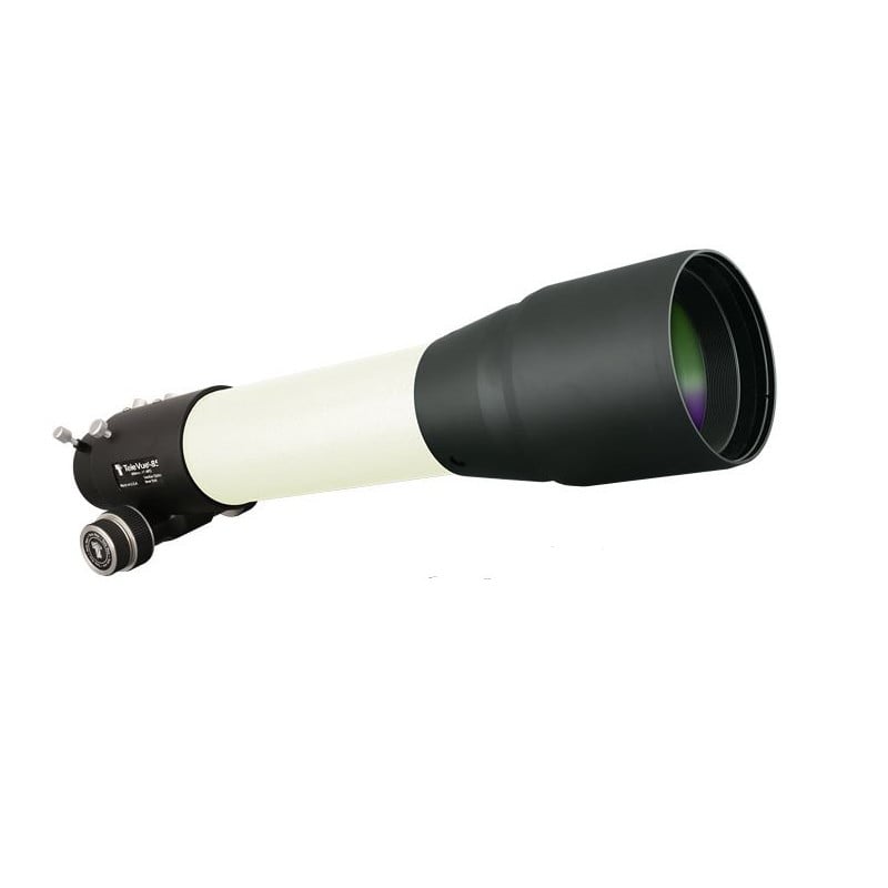 TeleVue Apochromatische refractor AP 85/600 TV-85 OTA witte APO refractorbuis met zwarte dauwkap en focuser op witte achtergrond