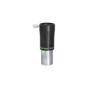 TeleVue Barlow lens 2,5x Powermate 1,25" zwarte TeleVue Powermate 2,5x barlowlens met 1,25 inch telescoopaansluiting, klemring en groene TeleVue-opdruk op witte achtergrond