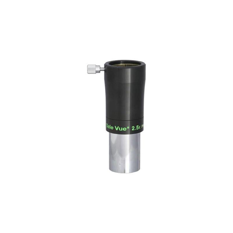 TeleVue Barlow lens 2,5x Powermate 1,25" zwarte TeleVue Powermate 2,5x barlowlens met 1,25 inch telescoopaansluiting, klemring en groene TeleVue-opdruk op witte achtergrond