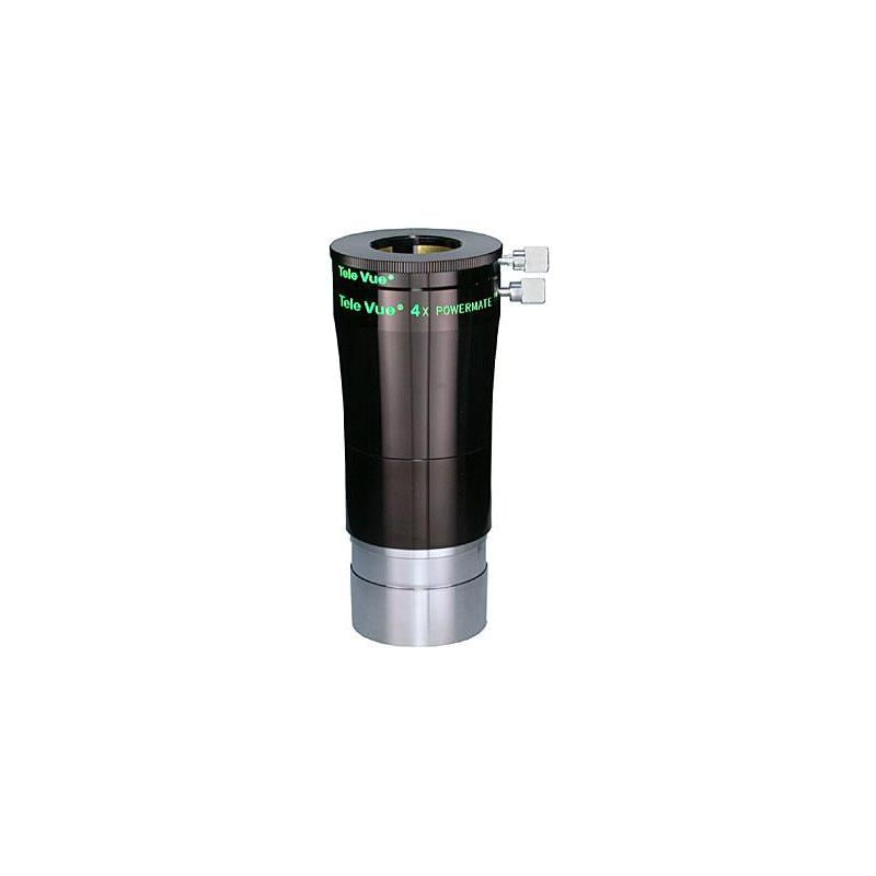 TeleVue Barlow lens 4x Powermate 2" zwarte TeleVue Powermate 4x barlowlens met 2 inch aansluiting, klemring met stelschroeven en groene TeleVue Powermate-opdruk op witte achtergrond