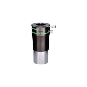 TeleVue Barlow lens Powermate 2x 2'' zwarte TeleVue 2x Powermate barlowlens met 2 inch aansluiting, klemring met stelschroeven en groene TeleVue Powermate-opdruk op witte achtergrond