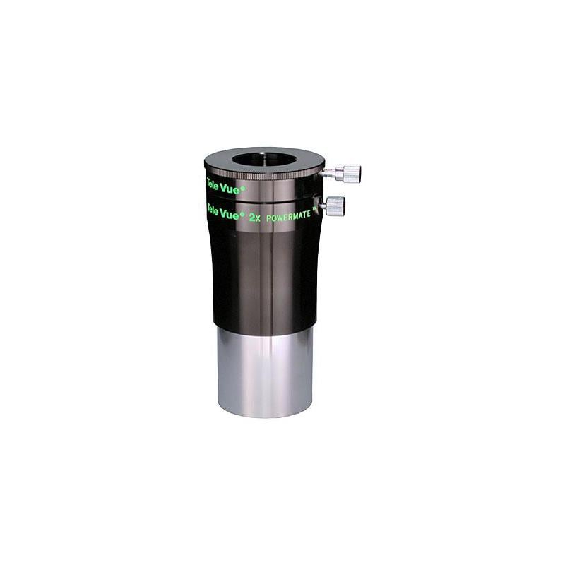 TeleVue Barlow lens Powermate 2x 2'' zwarte TeleVue 2x Powermate barlowlens met 2 inch aansluiting, klemring met stelschroeven en groene TeleVue Powermate-opdruk op witte achtergrond