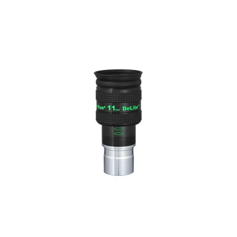 TeleVue DeLite oculair, 11mm, 1,25" productfoto van het 1,25 inch DeLite 11 mm oculair met groene opdruk en geribbelde grip op witte achtergrond