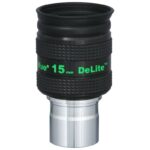 TeleVue DeLite oculair, 15mm, 1,25" productfoto van het 1,25 inch DeLite 15 mm oculair met groene opdruk en geribbelde grip op witte achtergrond