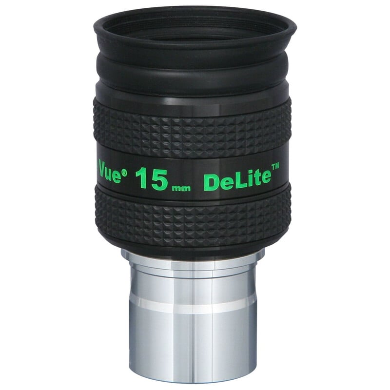 TeleVue DeLite oculair, 15mm, 1,25" productfoto van het 1,25 inch DeLite 15 mm oculair met groene opdruk en geribbelde grip op witte achtergrond