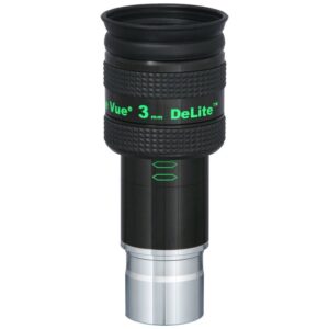 TeleVue DeLite oculair, 3mm, 1,25" productfoto van het 1,25 inch DeLite 3 mm oculair met groene opdruk en geribbelde grip op witte achtergrond