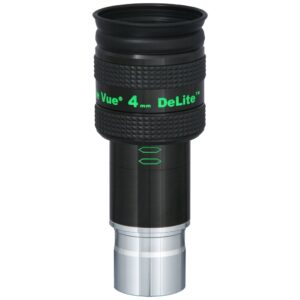 TeleVue DeLite oculair, 4mm, 1,25" productfoto van het 1,25 inch DeLite 4 mm oculair met groene opdruk en geribbelde grip op witte achtergrond