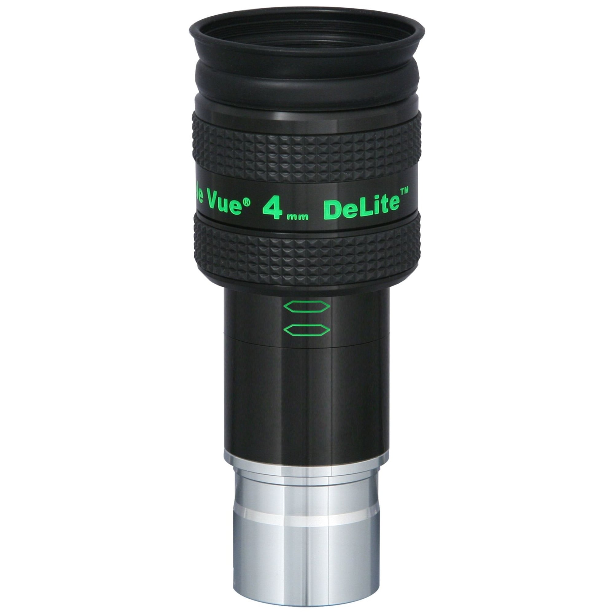 TeleVue DeLite oculair, 4mm, 1,25" productfoto van het 1,25 inch DeLite 4 mm oculair met groene opdruk en geribbelde grip op witte achtergrond