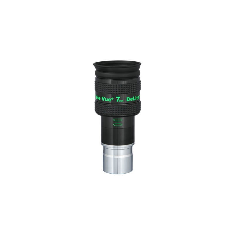 TeleVue DeLite oculair, 7mm, 1,25" productfoto van het 1,25 inch DeLite 7 mm oculair met groene opdruk en geribbelde grip op witte achtergrond