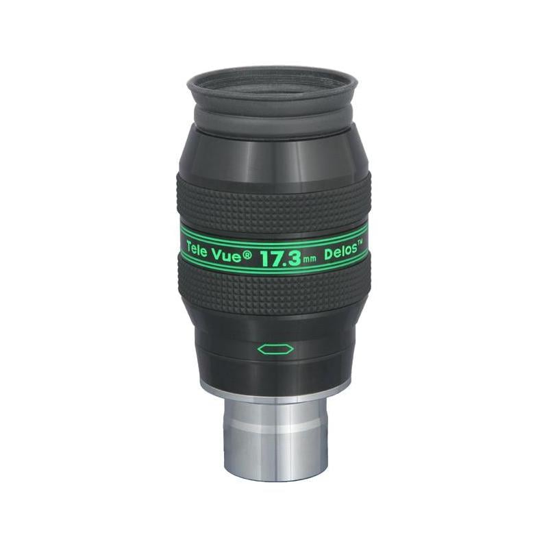 TeleVue Delos-oculair, 17,3mm, 1,25" productfoto van het 1,25 inch Delos 17,3 mm oculair met geribbelde grip en groene Delos-opdruk op witte achtergrond