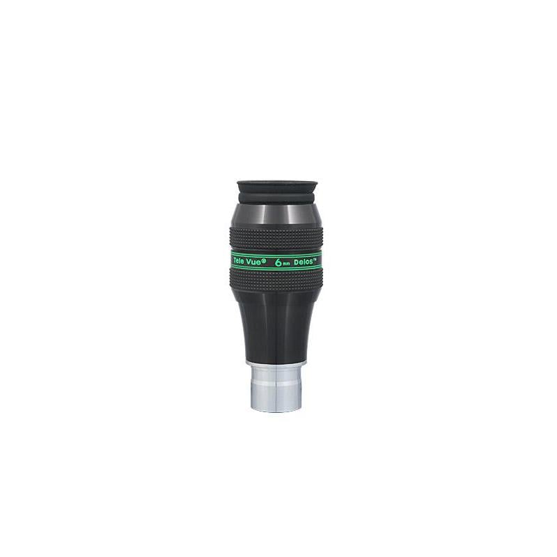 TeleVue Delos-oculair, 6mm, 1,25" productfoto van het 1,25 inch Delos 6 mm oculair met geribbelde grip en groene Delos-opdruk op witte achtergrond