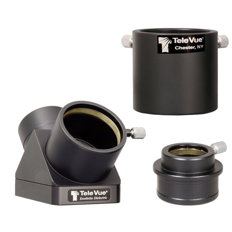 TeleVue Diagonaal spiegel Everbrite SC 90° 2" productset met Everbrite SC 90 graden spiegel-diagonaal plus meegeleverde 1,25 inch adapter en SC-aansluitdeel op witte achtergrond