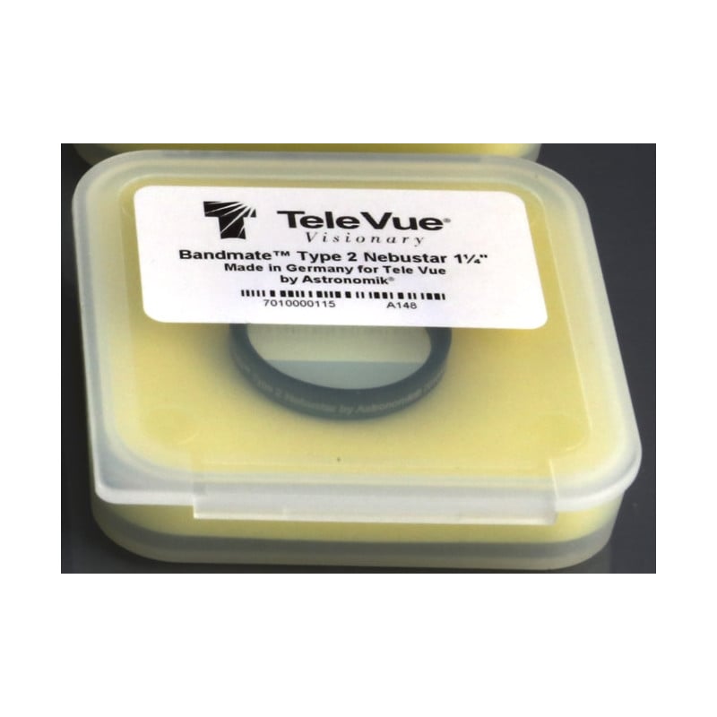 TeleVue Filters Filter UHC Nebustar 1,25" transparant opbergdoosje met TeleVue Bandmate Type 2 Nebustar 1,25 inch etiket op deksel