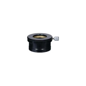 TeleVue Flat-top adapter, 2"-1,25" zwarte 2 inch naar 1,25 inch reductieadapter met messing veerringklem en zilverkleurige duimschroef op witte achtergrond