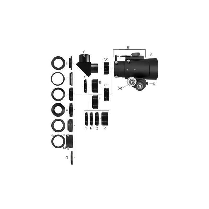 TeleVue Imaging System verlengstuk, 25,4mm exploded view met onderdelenoverzicht van het TeleVue Imaging System met ringen/adapters en 2,4 inch focusercomponenten