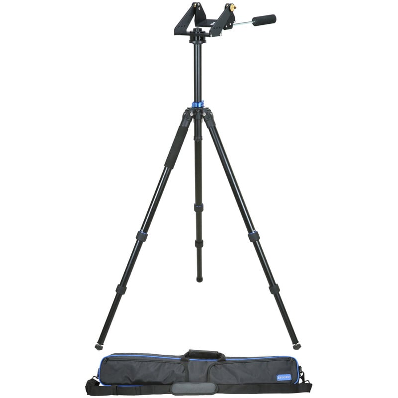 TeleVue Montering Tele-Pod Advanced volledig zicht op het driedelige aluminium statief met spreidstand en verstelbare poten op witte achtergrond