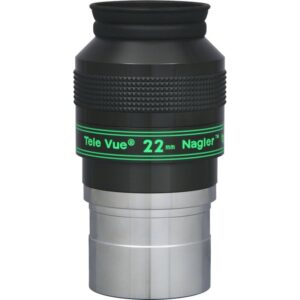 TeleVue Nagler oculair, type 4, 22mm, 2" productfoto van het 2 inch Nagler 22 mm oculair met geribbelde grip en groene “22 mm Nagler” opdruk op witte achtergrond