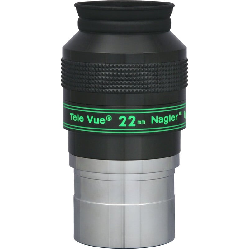 TeleVue Nagler oculair, type 4, 22mm, 2" productfoto van het 2 inch Nagler 22 mm oculair met geribbelde grip en groene “22 mm Nagler” opdruk op witte achtergrond