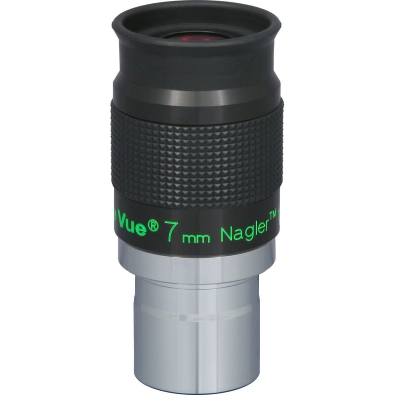 TeleVue Nagler oculair, type 6, 7mm, 1,25" close-up vanuit een andere hoek met de groene “7 mm Nagler” markering duidelijk zichtbaar