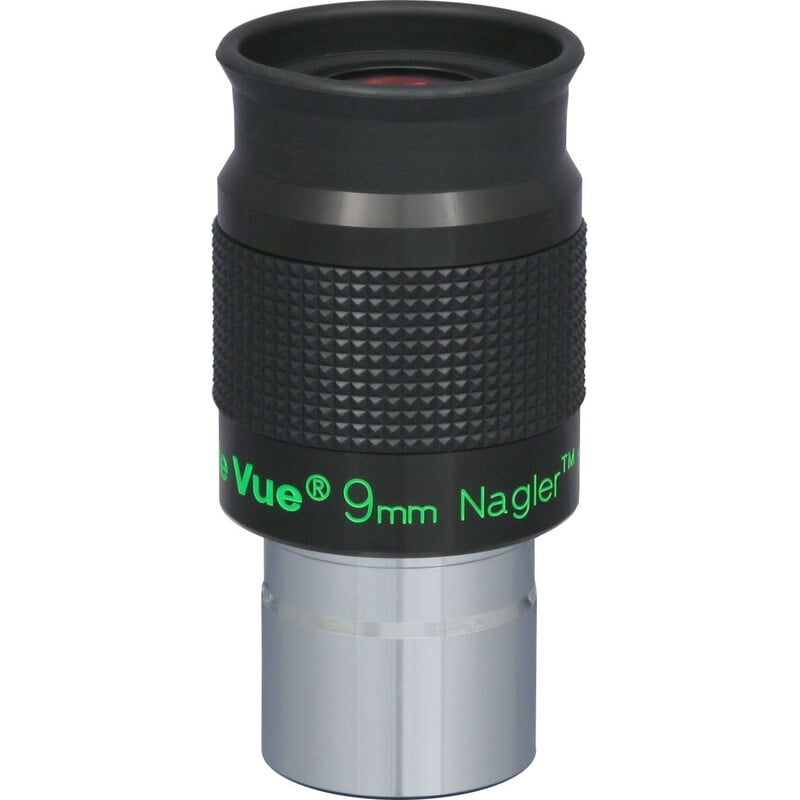 TeleVue Nagler oculair, type 6, 9mm, 1,25" close-up vanuit een andere hoek met de groene “9 mm Nagler” markering duidelijk zichtbaar