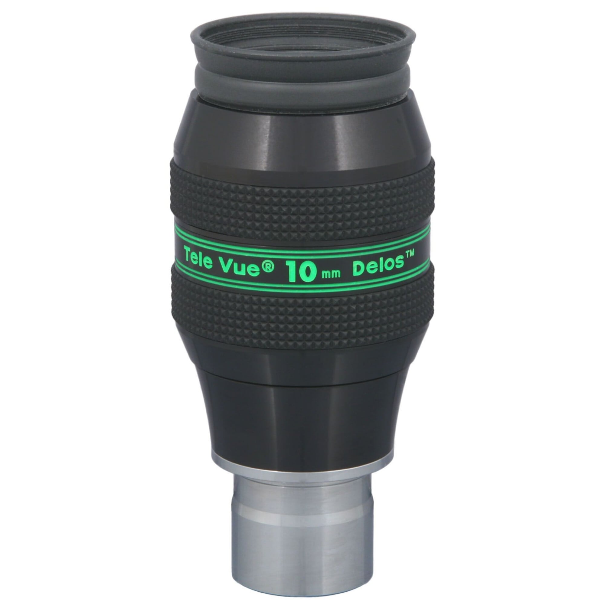 TeleVue Oculair Delos 10mm 1,25" close-up van het Delos 10 mm oculair met groene TeleVue Delos markering op de behuizing