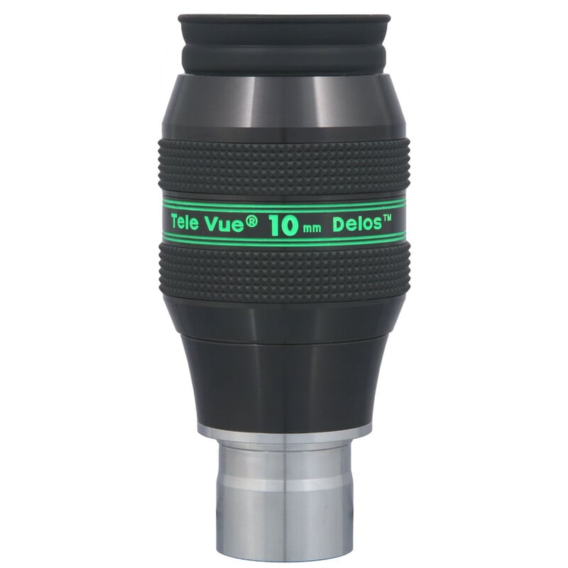 TeleVue Oculair Delos 10mm 1,25" zijaanzicht van het Delos 10 mm oculair met gekartelde gripring en 1,25 inch vatting