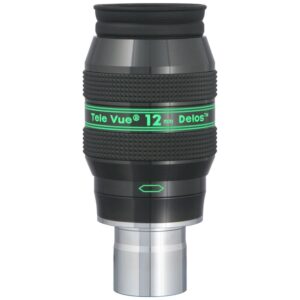 TeleVue Oculair Delos 12mm 1,25" productfoto van het 1,25 inch Delos 12 mm oculair met geribbelde grip en groene Delos-opdruk op witte achtergrond