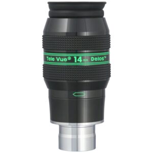 TeleVue Oculair Delos 14mm 1,25" productfoto van het 1,25 inch Delos 14 mm oculair met geribbelde grip en groene Delos-opdruk op witte achtergrond