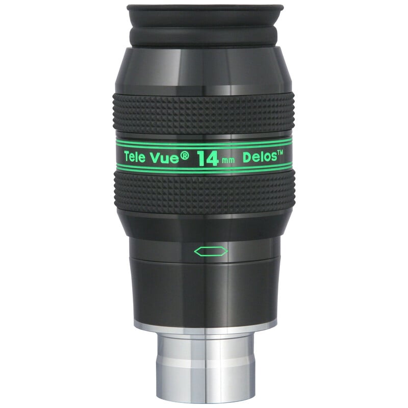 TeleVue Oculair Delos 14mm 1,25" productfoto van het 1,25 inch Delos 14 mm oculair met geribbelde grip en groene Delos-opdruk op witte achtergrond
