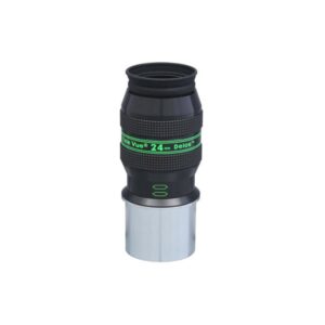TeleVue Oculair Delos 24 mm 72° 2" productfoto van het 2 inch Delos 24 mm oculair met geribbelde grip en groene Delos-opdruk op witte achtergrond