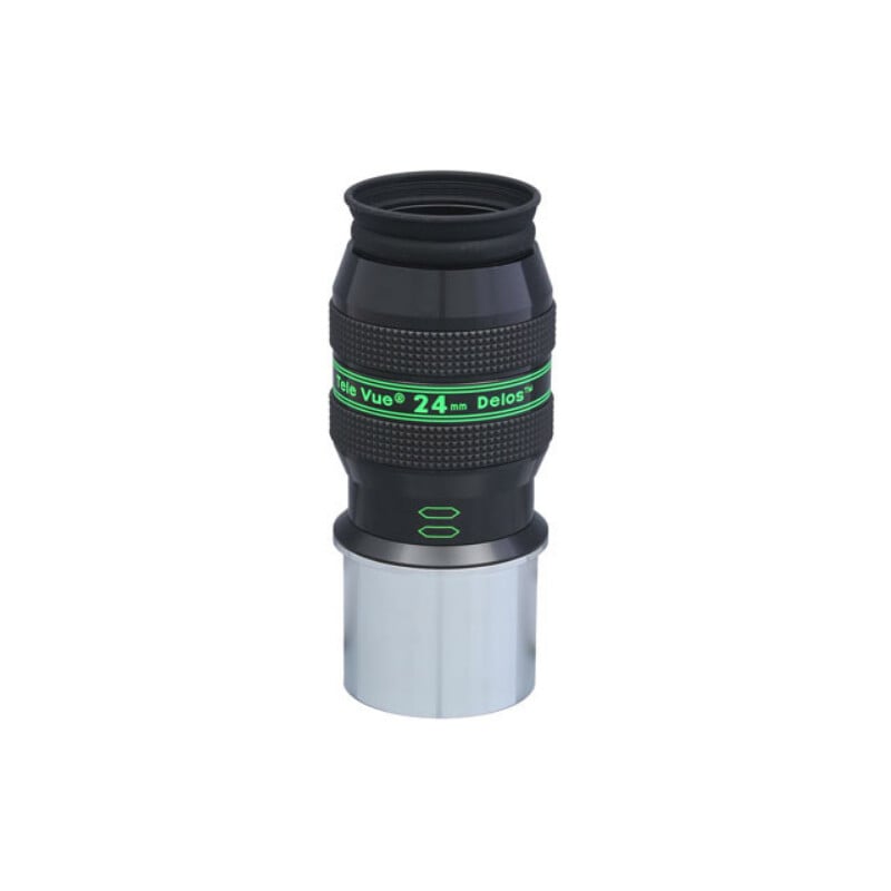 TeleVue Oculair Delos 24 mm 72° 2" productfoto van het 2 inch Delos 24 mm oculair met geribbelde grip en groene Delos-opdruk op witte achtergrond