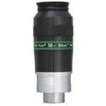 TeleVue Oculair Ethos 10mm 1,25"/2" productfoto van het Ethos 10 mm oculair met groene opschriftring, gekartelde grip en zilverkleurige 2 inch skirt op witte achtergrond
