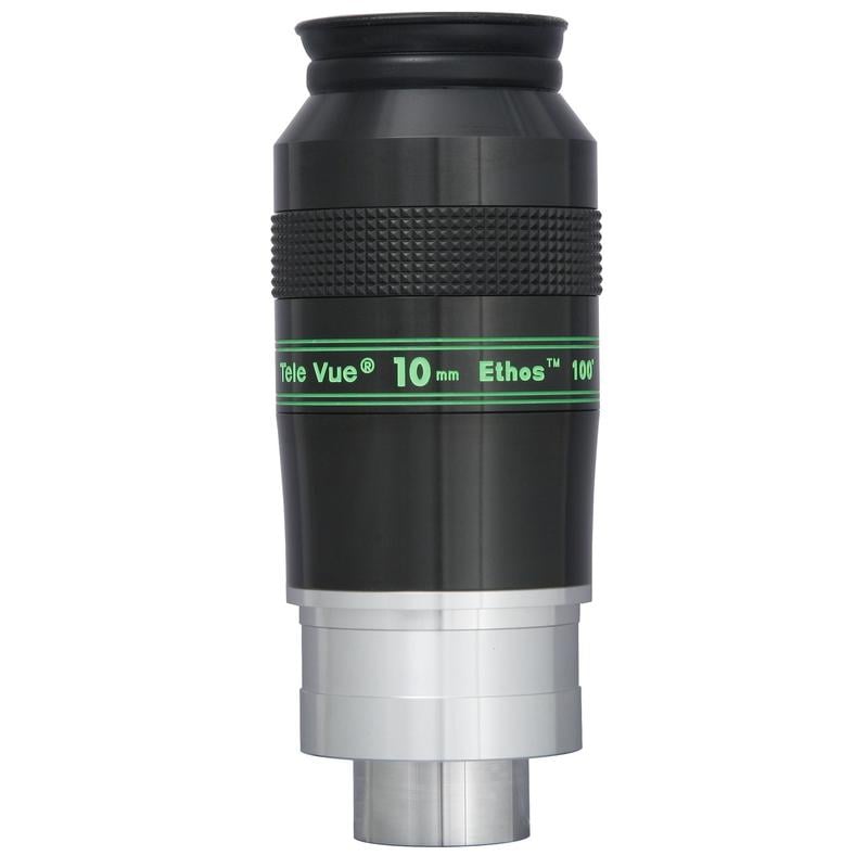 TeleVue Oculair Ethos 10mm 1,25"/2" productfoto van het Ethos 10 mm oculair met groene opschriftring, gekartelde grip en zilverkleurige 2 inch skirt op witte achtergrond