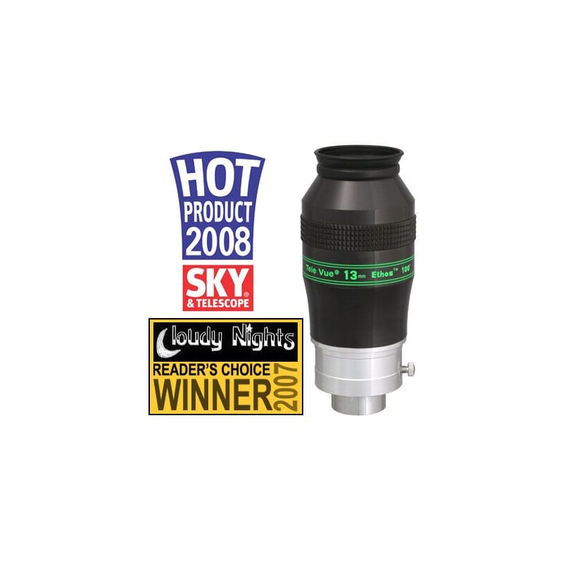 TeleVue Oculair Ethos 13mm 1,25"/2" overzichtsafbeelding met HOT Product award en Ethos 13 mm oculair op witte achtergrond
