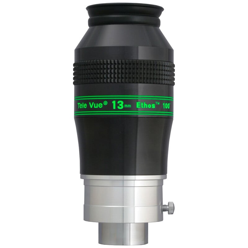 TeleVue Oculair Ethos 13mm 1,25"/2" productfoto van het Ethos 13 mm oculair met groene opschriftring en zilverkleurige 2 inch skirt op witte achtergrond