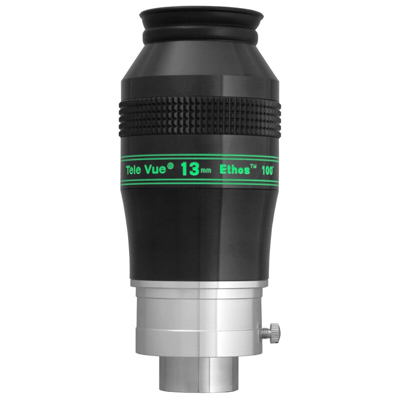 TeleVue Oculair Ethos 13mm 1,25"/2" productfoto van het Ethos 13 mm oculair met gekartelde grip en groene markering op witte achtergrond