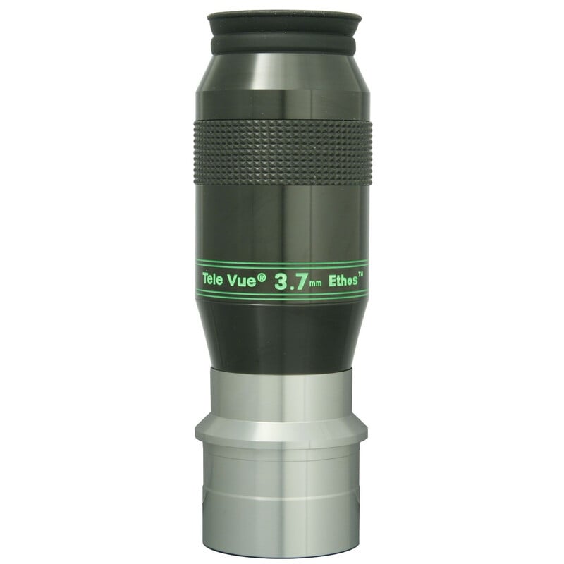 TeleVue Oculair Ethos 3,7mm 1,25"/2" productfoto van het complete oculair met 2 inch skirt en groene “3.7mm Ethos” markering op witte achtergrond