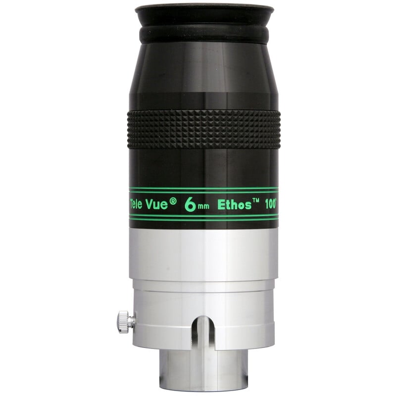 TeleVue Oculair Ethos 6mm 1,25"/2" close-up productfoto van het oculair met groene opschriftband en metalen vatting