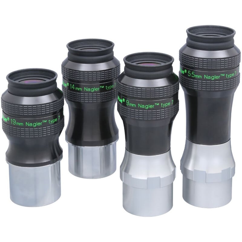 TeleVue Oculair Nagler Typ 7 19 mm 82° overzichtsfoto van meerdere Nagler Type 7 oculairs met verschillende brandpuntsafstanden op witte achtergrond