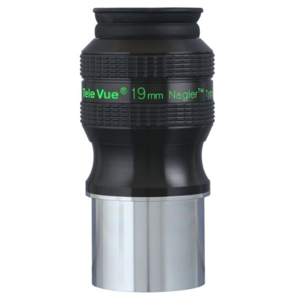 TeleVue Oculair Nagler Typ 7 19 mm 82° productfoto van het Nagler Type 7 19 mm oculair rechtop met groene opschriftring en 2 inch vatting op witte achtergrond