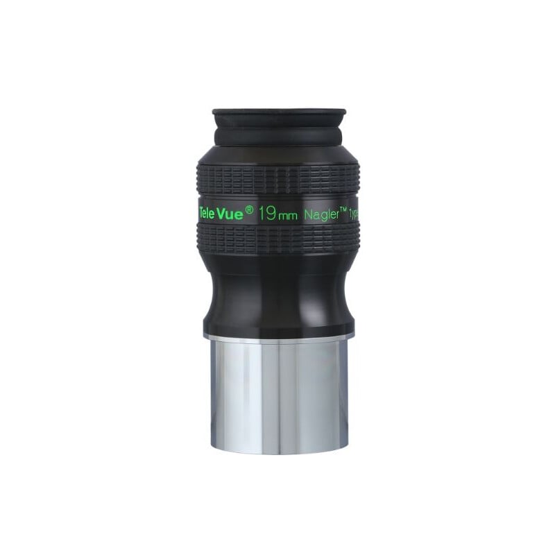 TeleVue Oculair Nagler Typ 7 19 mm 82° productfoto van het Nagler Type 7 19 mm oculair met groene opschriftring en zilverkleurige 2 inch vatting op witte achtergrond