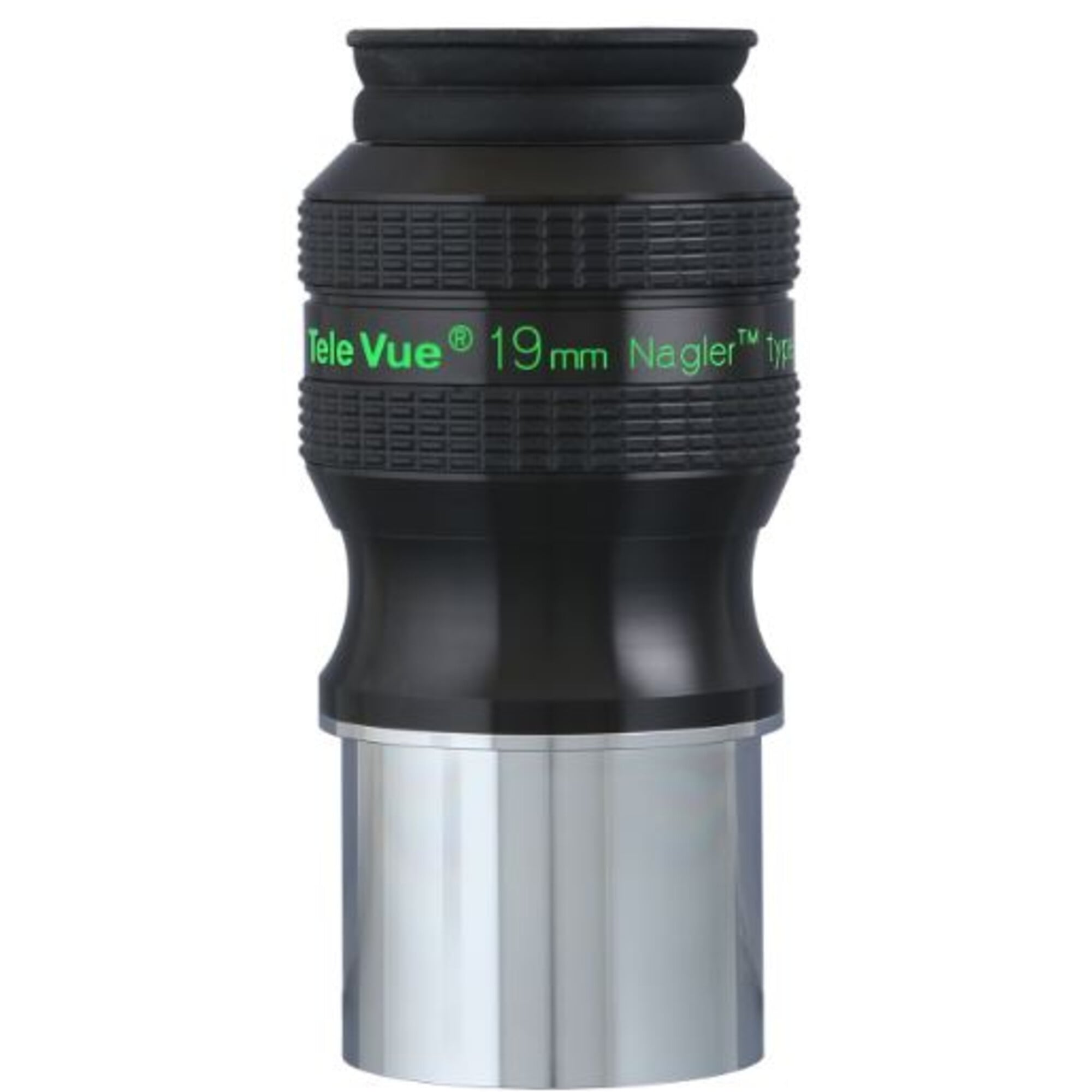 TeleVue Oculair Nagler Typ 7 19 mm 82° productfoto van het Nagler Type 7 19 mm oculair rechtop met groene opschriftring en 2 inch vatting op witte achtergrond