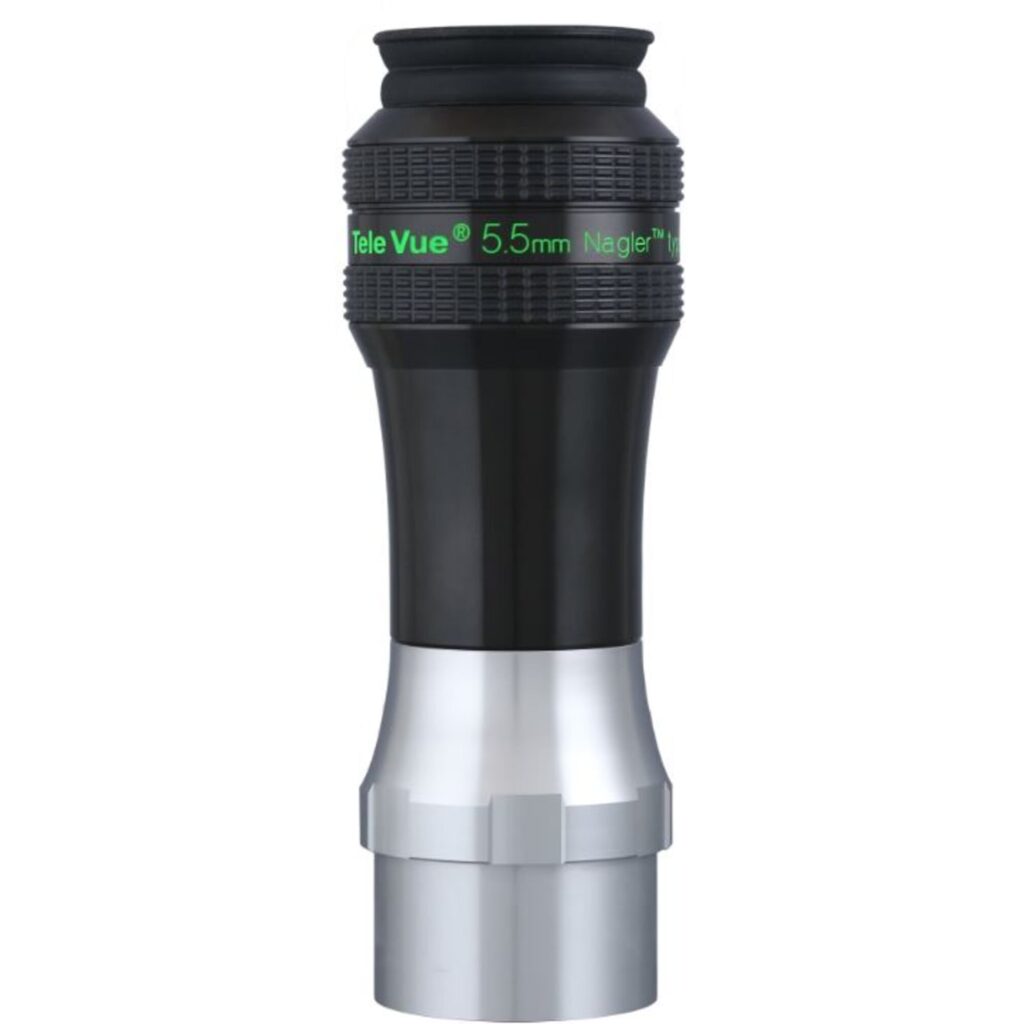 TeleVue Oculair Nagler Typ 7 5,5 mm 82° close-up productfoto van het oculair met Tele Vue 5.5mm Nagler Type 7 opdruk en 2 inch insteekhuls