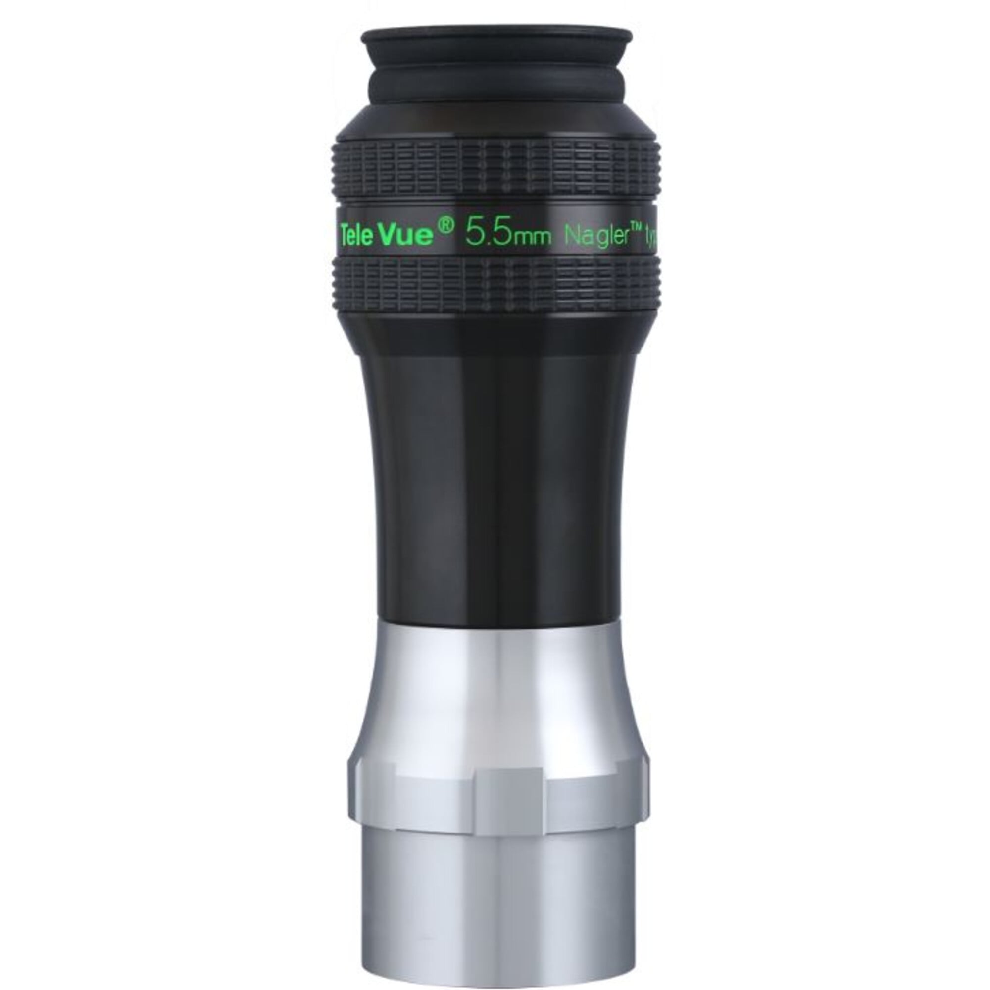 TeleVue Oculair Nagler Typ 7 5,5 mm 82° close-up productfoto van het oculair met Tele Vue 5.5mm Nagler Type 7 opdruk en 2 inch insteekhuls
